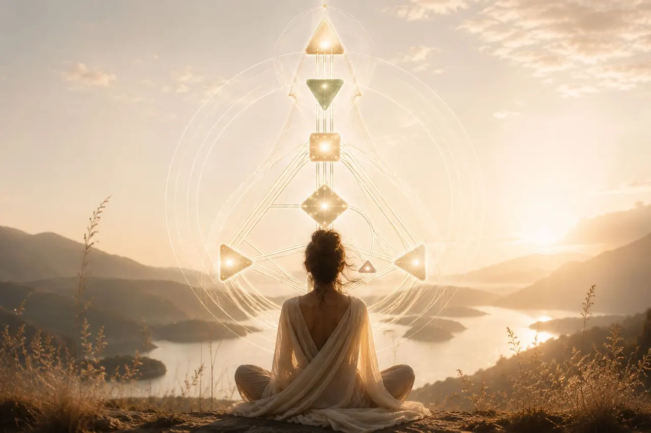 Presença: silhueta de uma mulher de costas em luz natural com geometria do Human Design